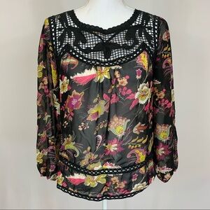 Anthropologie Meadow Rue Black Floral Blouse Top Size Small